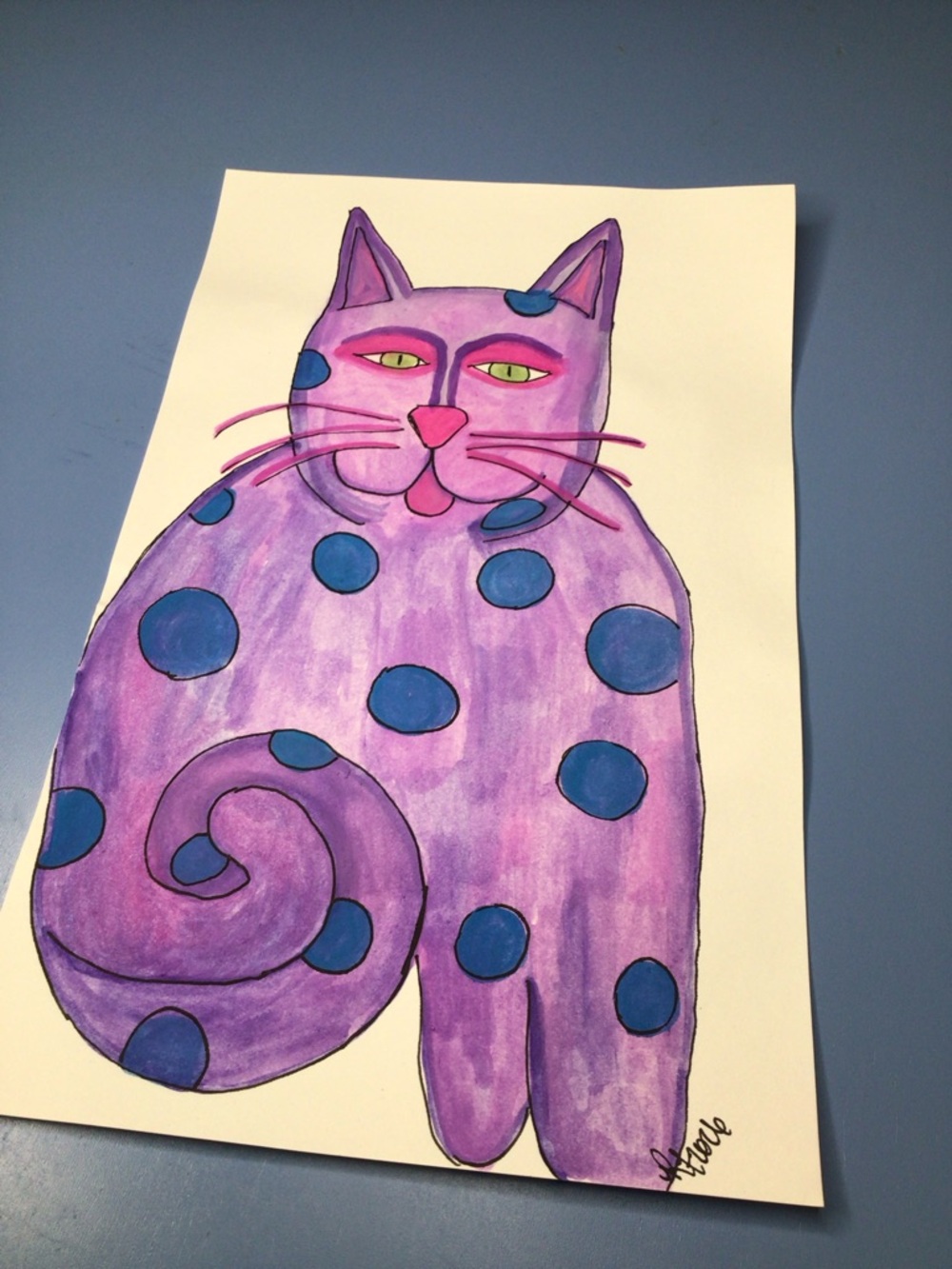 Colorful whimsical cat watercolor & ink painting